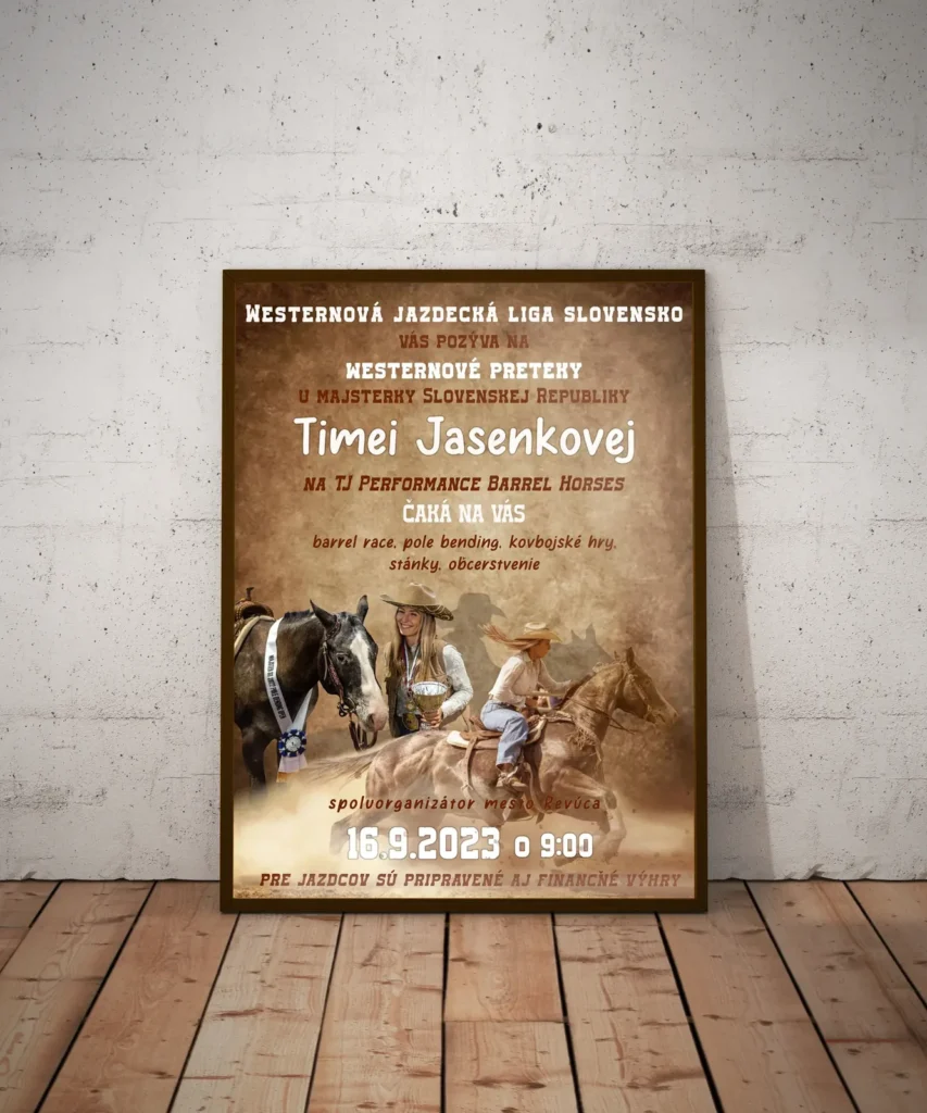 Návrh plagátu na jazdecké preteky opretého o stenu